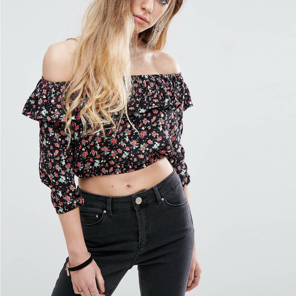 Rock & Religion Bardot Frilled Floral Print Crop Top • UK 14 US 10 • Black/Red